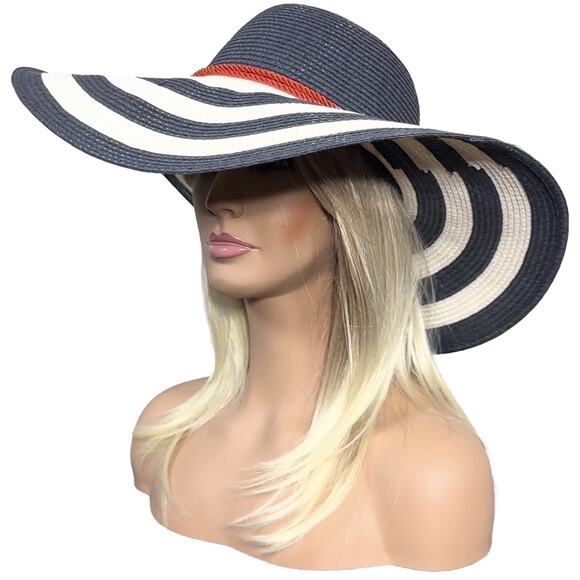Striped Black and White Sun Hat with Red Accent - Picture 6 of 14